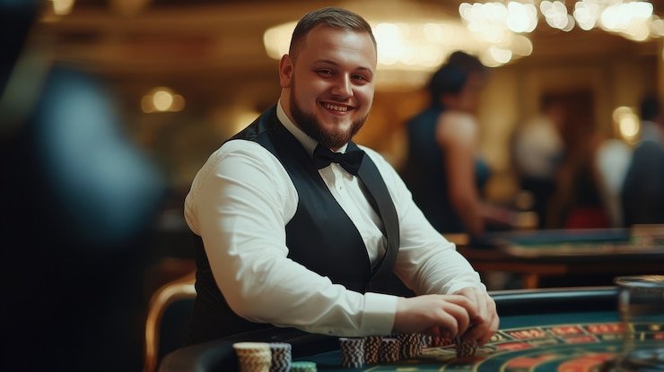 Studio live-dealer mahadewi 77 menampilkan meja blackjack dengan dealer profesional dan antarmuka taruhan